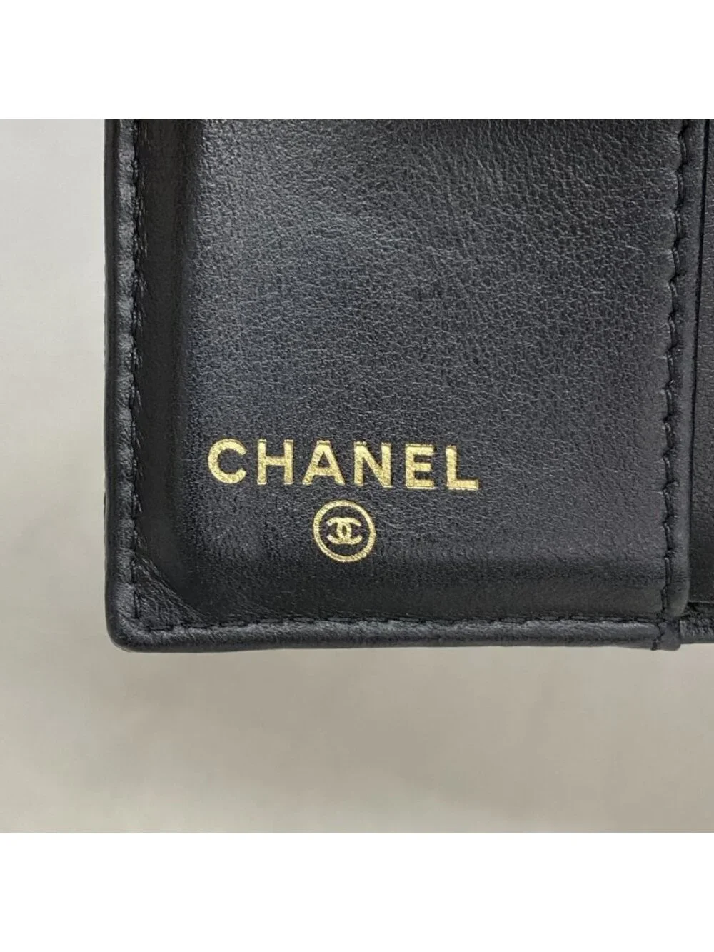 Chanel Trifold Wallet Camellia Caviar Leather Black Champagne Gold